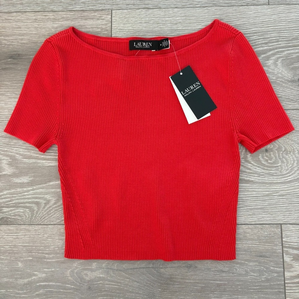 NWT Lauren Ralph Lauren Bright Red Ribbed Knit Short Sleeve Cropped Top Size M